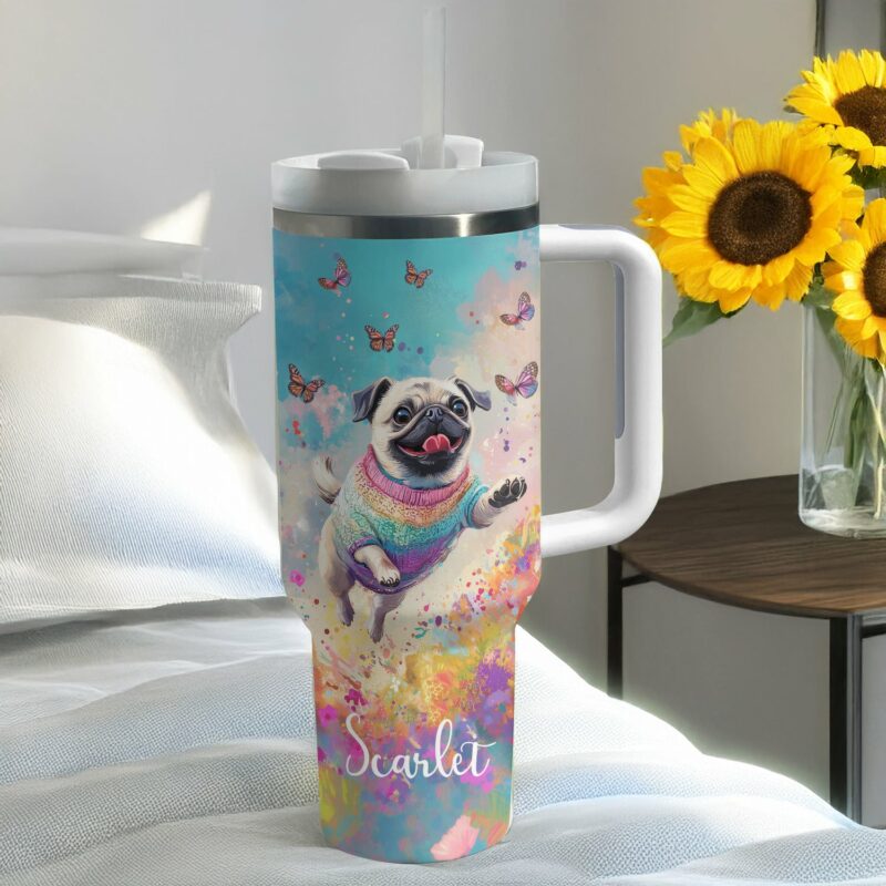 Happy Pug Dog with Butterflies Custom Stanley Quencher 40oz Stainless Steel Tumbler With Handle - Threewoofs - Image 4