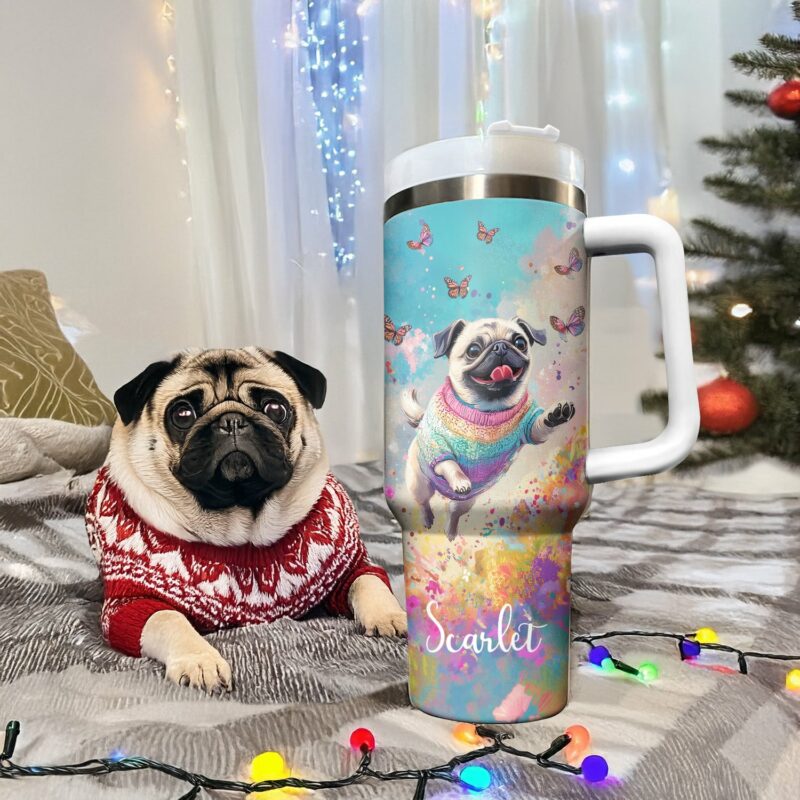 Happy Pug Dog with Butterflies Custom Stanley Quencher 40oz Stainless Steel Tumbler With Handle - Threewoofs - Image 2