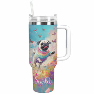 Happy Pug Dog with Butterflies Custom Stanley Quencher 40oz Stainless Steel Tumbler With Handle - Threewoofs