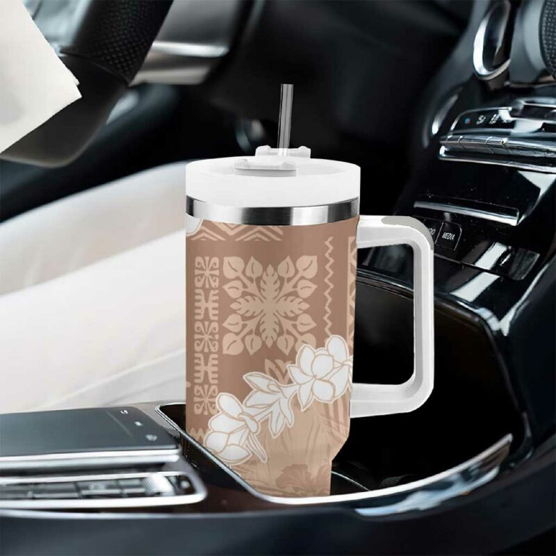 Hawaii Aloha Beige Quilt Patch Work Mix Plumeria Lei Custom Stanley Quencher 40oz Stainless Steel Tumbler With Handle - Threewoofs - Image 8
