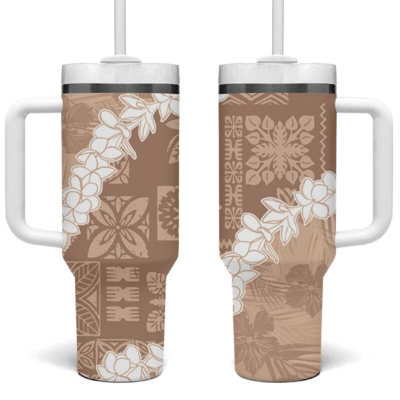 Hawaii Aloha Beige Quilt Patch Work Mix Plumeria Lei Custom Stanley Quencher 40oz Stainless Steel Tumbler With Handle - Threewoofs