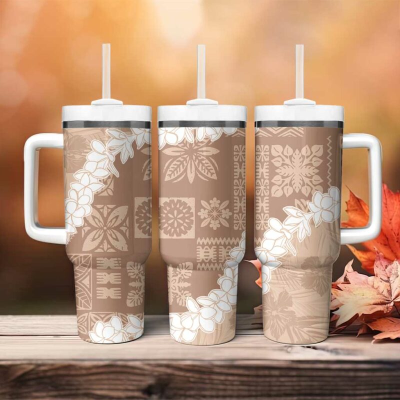 Hawaii Aloha Beige Quilt Patch Work Mix Plumeria Lei Custom Stanley Quencher 40oz Stainless Steel Tumbler With Handle - Threewoofs - Image 4