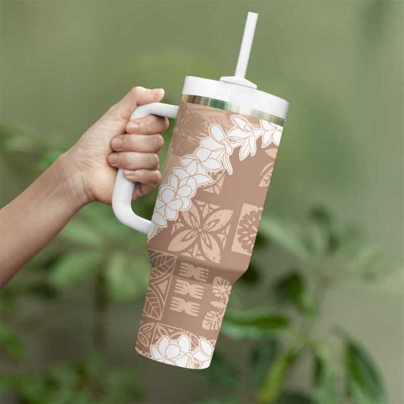 Hawaii Aloha Beige Quilt Patch Work Mix Plumeria Lei Custom Stanley Quencher 40oz Stainless Steel Tumbler With Handle - Threewoofs - Image 3