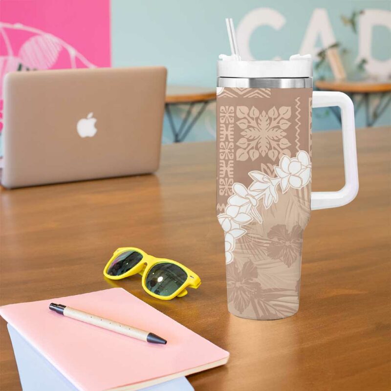 Hawaii Aloha Beige Quilt Patch Work Mix Plumeria Lei Custom Stanley Quencher 40oz Stainless Steel Tumbler With Handle - Threewoofs - Image 5