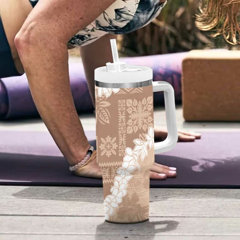 Hawaii Aloha Beige Quilt Patch Work Mix Plumeria Lei Custom Stanley Quencher 40oz Stainless Steel Tumbler With Handle - Threewoofs - Image 6
