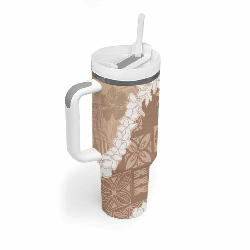 Hawaii Aloha Beige Quilt Patch Work Mix Plumeria Lei Custom Stanley Quencher 40oz Stainless Steel Tumbler With Handle - Threewoofs - Image 2