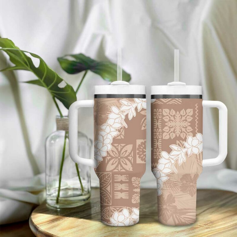 Hawaii Aloha Beige Quilt Patch Work Mix Plumeria Lei Custom Stanley Quencher 40oz Stainless Steel Tumbler With Handle - Threewoofs - Image 9