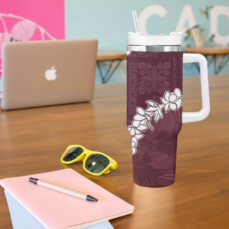 Hawaii Aloha Champange Quilt Patch Work Mix Plumeria Lei Custom Stanley Quencher 40oz Stainless Steel Tumbler With Handle - Threewoofs - Image 5