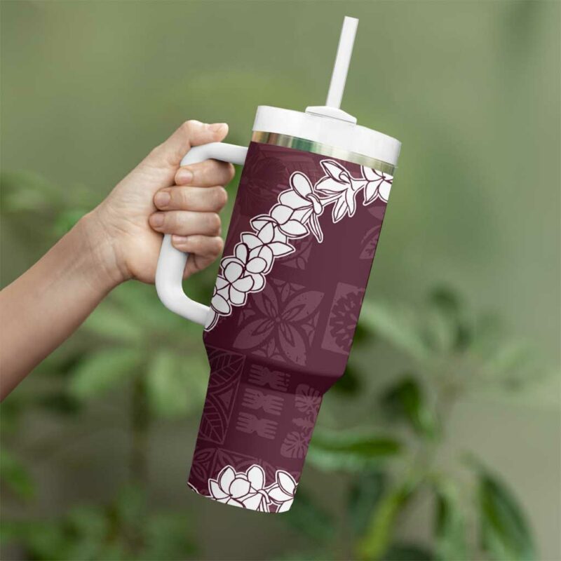 Hawaii Aloha Champange Quilt Patch Work Mix Plumeria Lei Custom Stanley Quencher 40oz Stainless Steel Tumbler With Handle - Threewoofs - Image 3