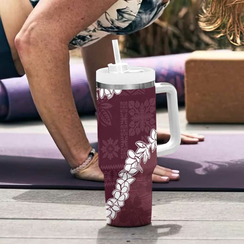 Hawaii Aloha Champange Quilt Patch Work Mix Plumeria Lei Custom Stanley Quencher 40oz Stainless Steel Tumbler With Handle - Threewoofs - Image 6
