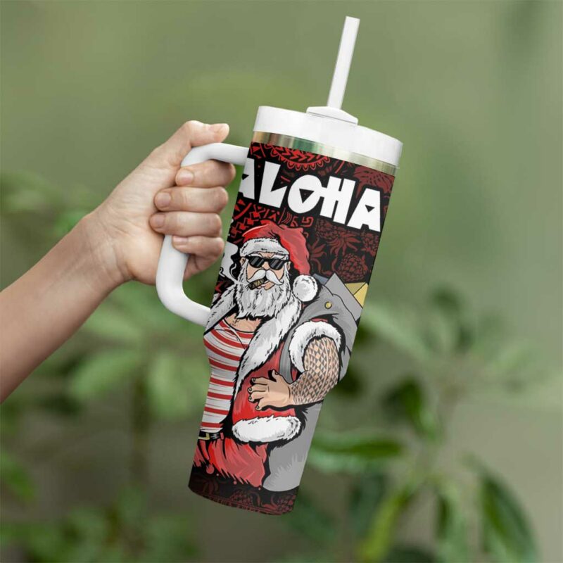 Hawaii Aloha Santa Claus Funny Polynesian Tattoo Red Color Custom Stanley Quencher 40oz Stainless Steel Tumbler With Handle - Threewoofs - Image 3