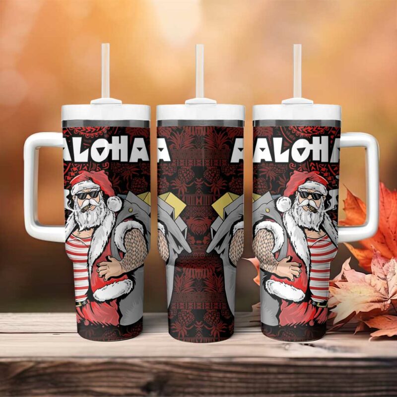 Hawaii Aloha Santa Claus Funny Polynesian Tattoo Red Color Custom Stanley Quencher 40oz Stainless Steel Tumbler With Handle - Threewoofs - Image 4
