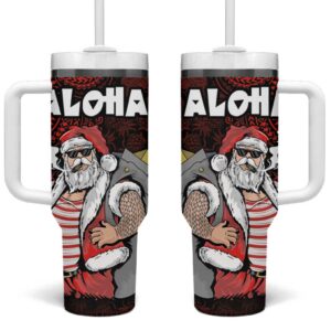 Hawaii Aloha Santa Claus Funny Polynesian Tattoo Red Color Custom Stanley Quencher 40oz Stainless Steel Tumbler With Handle - Threewoofs
