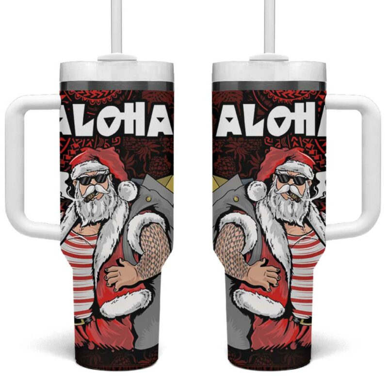 Hawaii Aloha Santa Claus Funny Polynesian Tattoo Red Color Custom Stanley Quencher 40oz Stainless Steel Tumbler With Handle - Threewoofs