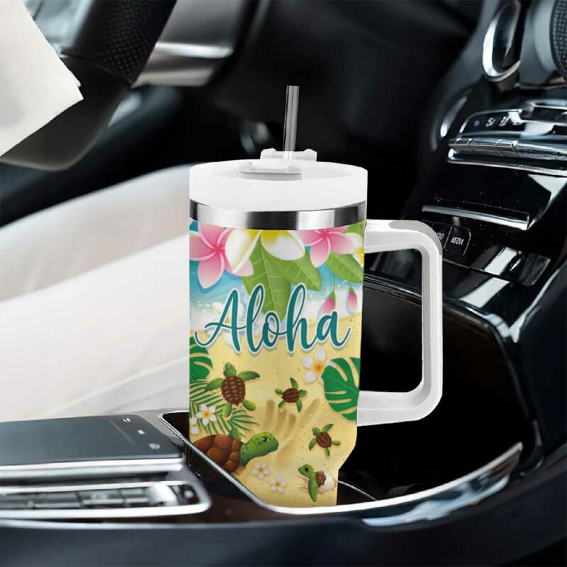 Hawaii Aloha Turtle Family on The Beach with Colorful Tropical Flowers Custom Stanley Quencher 40oz Stainless Steel Tumbler With Handle - Threewoofs - Image 8