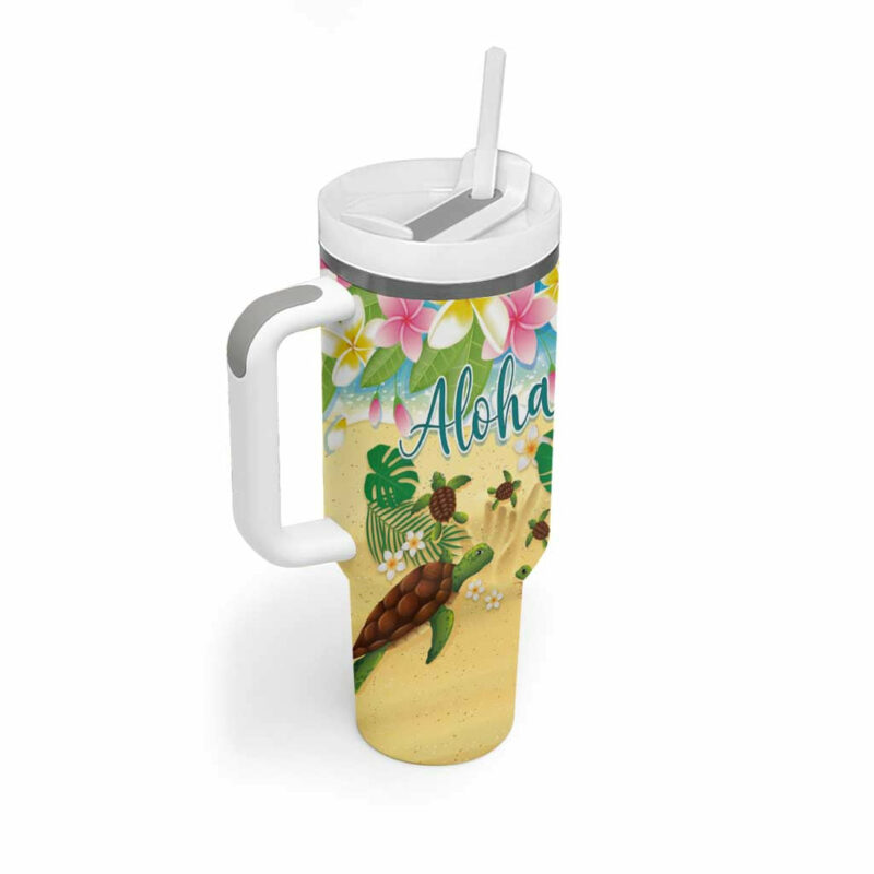 Hawaii Aloha Turtle Family on The Beach with Colorful Tropical Flowers Custom Stanley Quencher 40oz Stainless Steel Tumbler With Handle - Threewoofs - Image 2