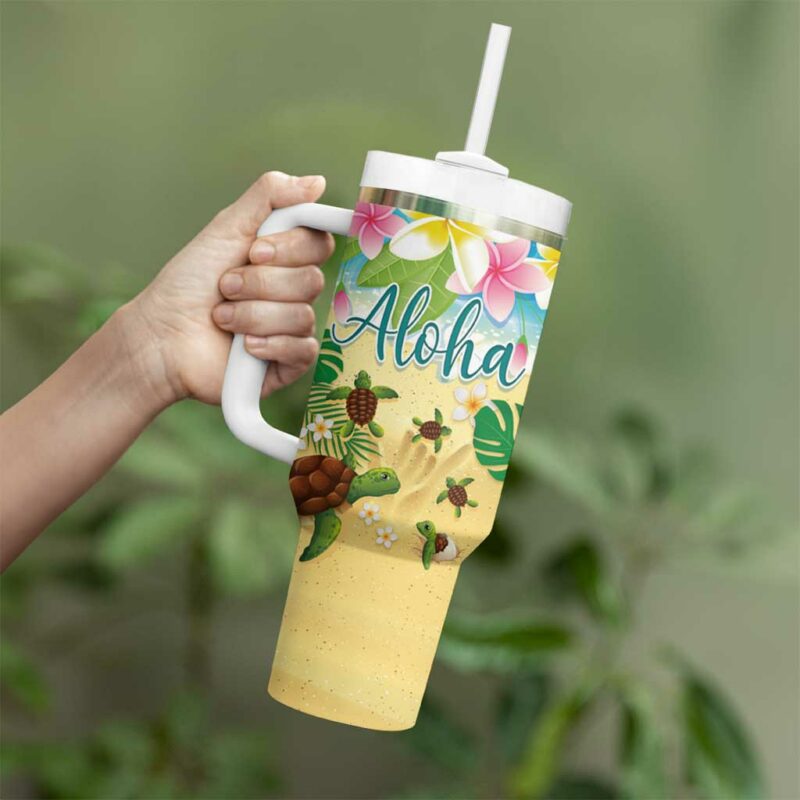 Hawaii Aloha Turtle Family on The Beach with Colorful Tropical Flowers Custom Stanley Quencher 40oz Stainless Steel Tumbler With Handle - Threewoofs - Image 3
