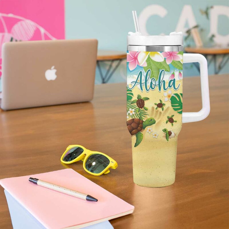 Hawaii Aloha Turtle Family on The Beach with Colorful Tropical Flowers Custom Stanley Quencher 40oz Stainless Steel Tumbler With Handle - Threewoofs - Image 5