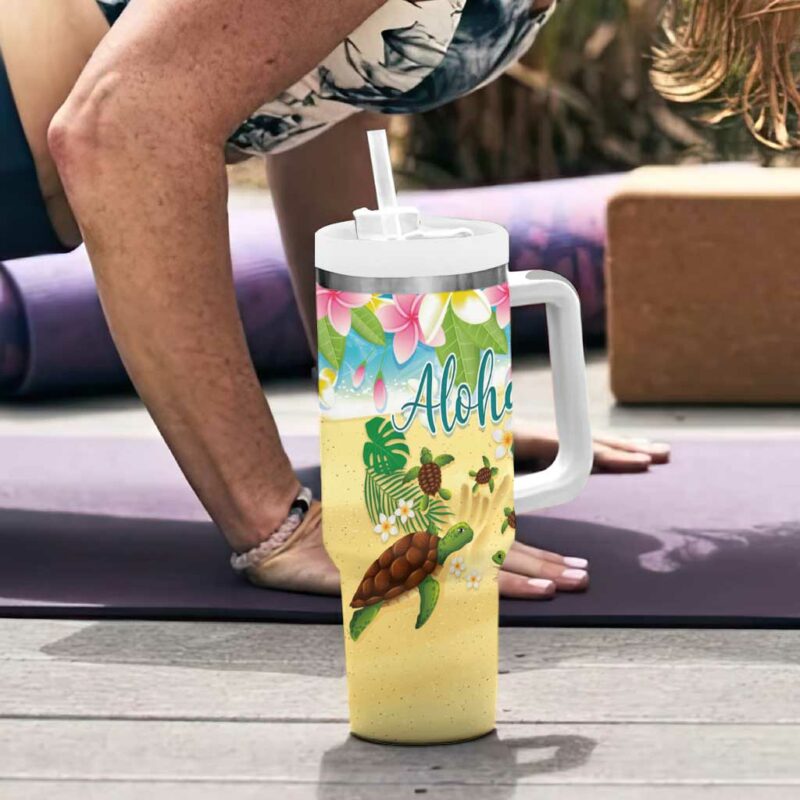 Hawaii Aloha Turtle Family on The Beach with Colorful Tropical Flowers Custom Stanley Quencher 40oz Stainless Steel Tumbler With Handle - Threewoofs - Image 6
