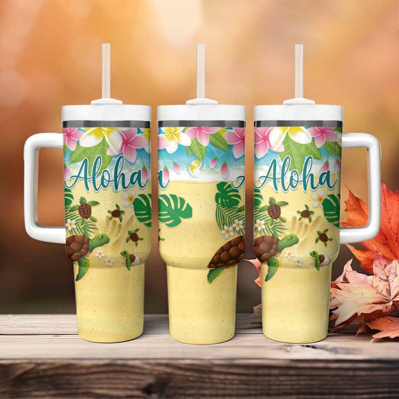 Hawaii Aloha Turtle Family on The Beach with Colorful Tropical Flowers Custom Stanley Quencher 40oz Stainless Steel Tumbler With Handle - Threewoofs - Image 4