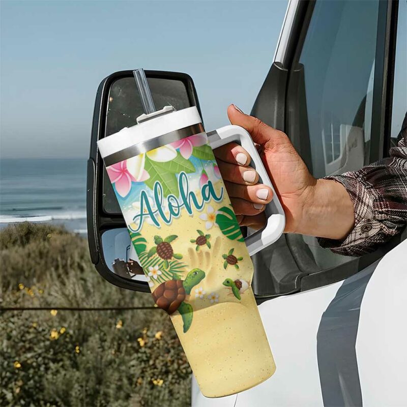 Hawaii Aloha Turtle Family on The Beach with Colorful Tropical Flowers Custom Stanley Quencher 40oz Stainless Steel Tumbler With Handle - Threewoofs - Image 7