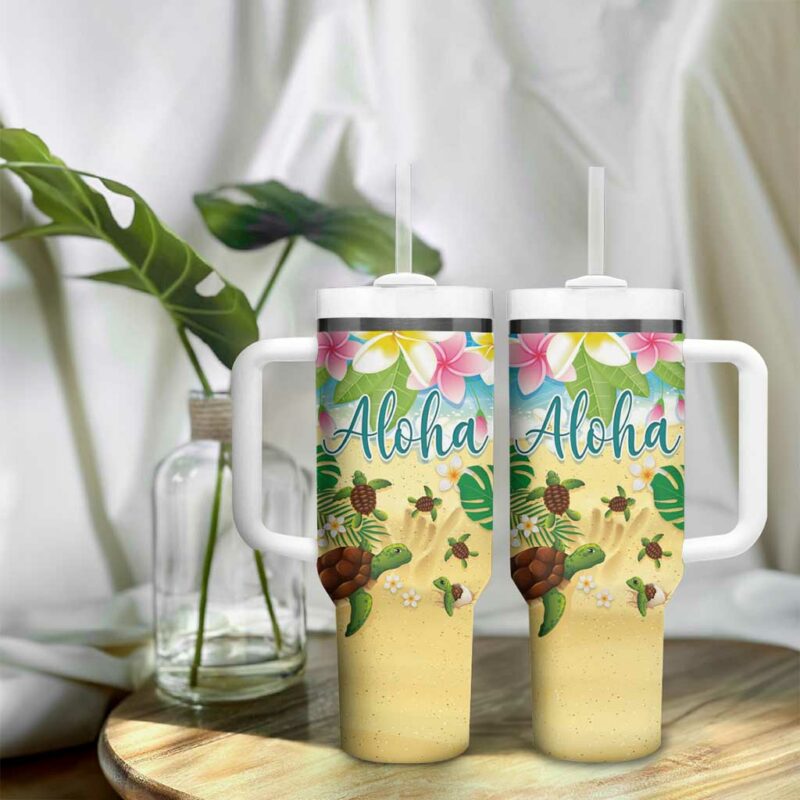 Hawaii Aloha Turtle Family on The Beach with Colorful Tropical Flowers Custom Stanley Quencher 40oz Stainless Steel Tumbler With Handle - Threewoofs - Image 9
