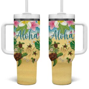 Hawaii Aloha Turtle Family on The Beach with Colorful Tropical Flowers Custom Stanley Quencher 40oz Stainless Steel Tumbler With Handle - Threewoofs