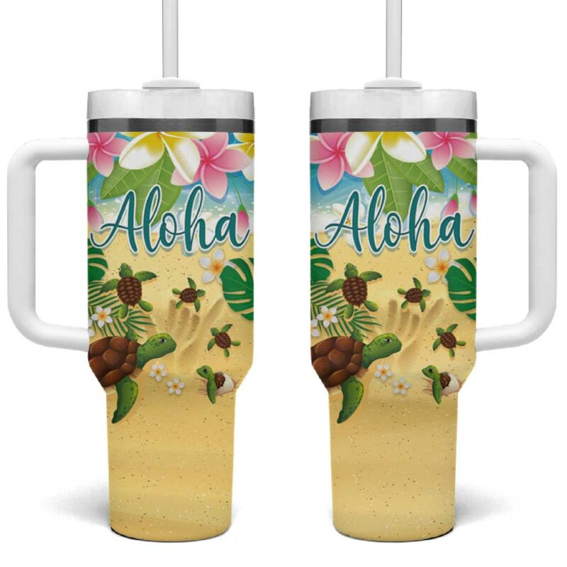 Hawaii Aloha Turtle Family on The Beach with Colorful Tropical Flowers Custom Stanley Quencher 40oz Stainless Steel Tumbler With Handle - Threewoofs