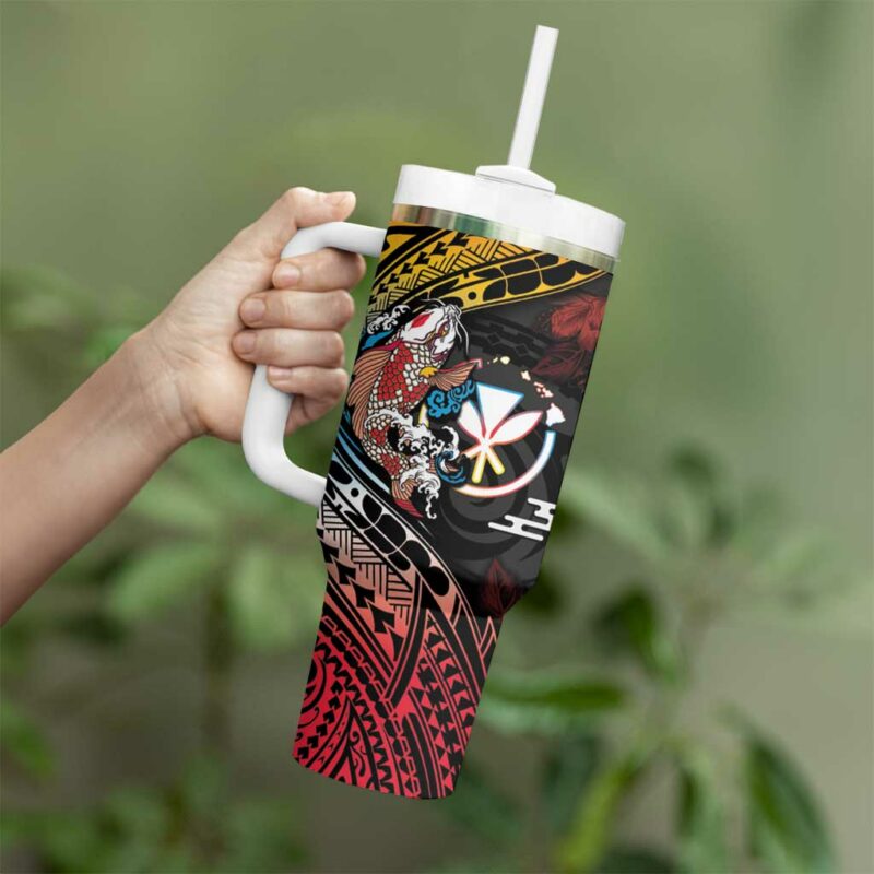 Hawaii And Japan Koi Fish With Kanaka Maoli Custom Stanley Quencher 40oz Stainless Steel Tumbler With Handle - Threewoofs - Image 3