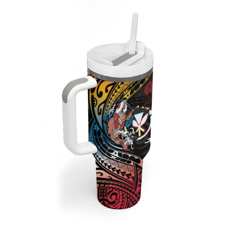 Hawaii And Japan Koi Fish With Kanaka Maoli Custom Stanley Quencher 40oz Stainless Steel Tumbler With Handle - Threewoofs - Image 2
