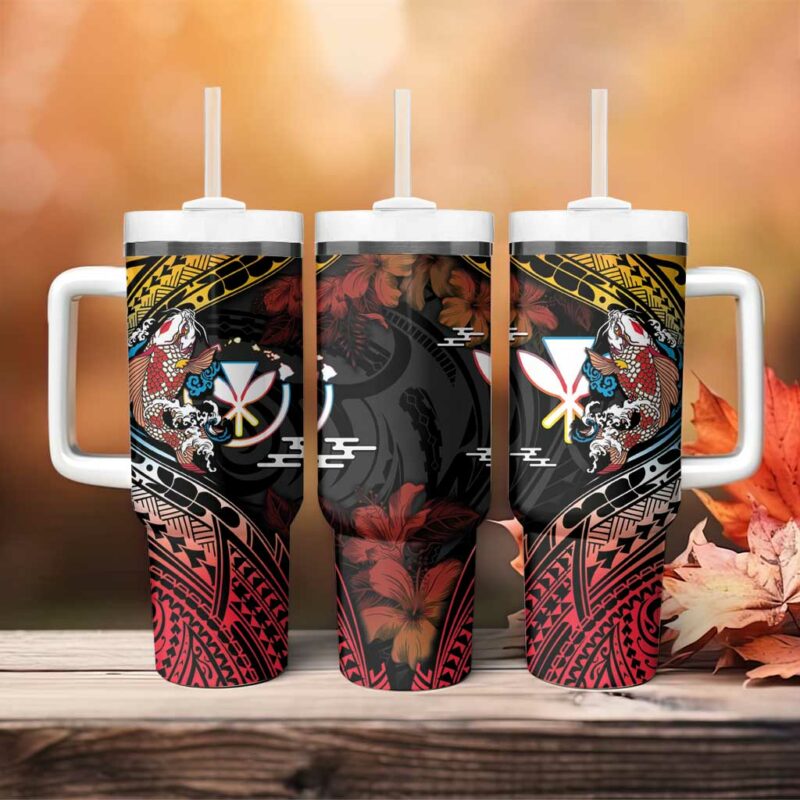 Hawaii And Japan Koi Fish With Kanaka Maoli Custom Stanley Quencher 40oz Stainless Steel Tumbler With Handle - Threewoofs - Image 4