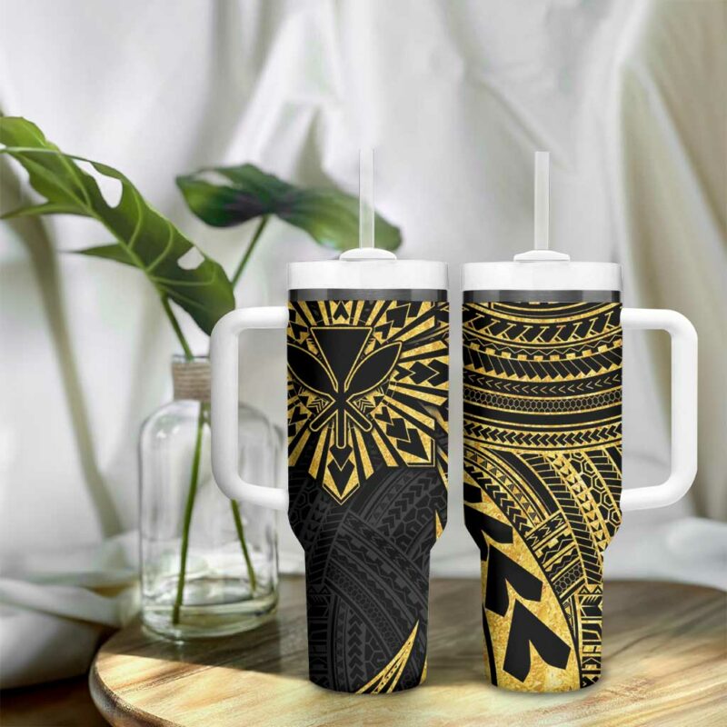 Hawaii And Philippines Kanaka Maoli With Tribal Sun Together Gold Custom Stanley Quencher 40oz Stainless Steel Tumbler With Handle - Threewoofs - Image 9