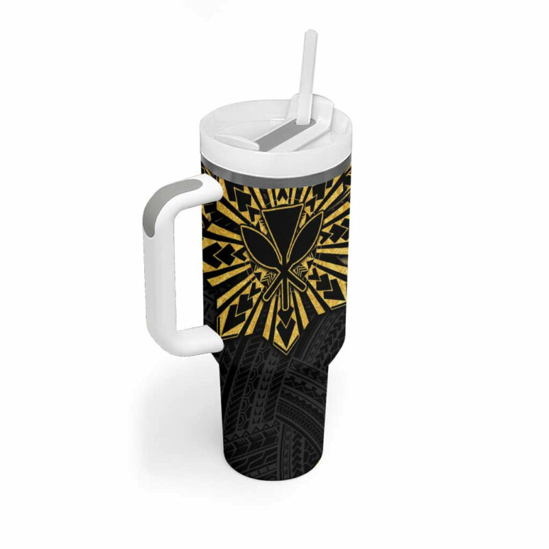 Hawaii And Philippines Kanaka Maoli With Tribal Sun Together Gold Custom Stanley Quencher 40oz Stainless Steel Tumbler With Handle - Threewoofs - Image 2