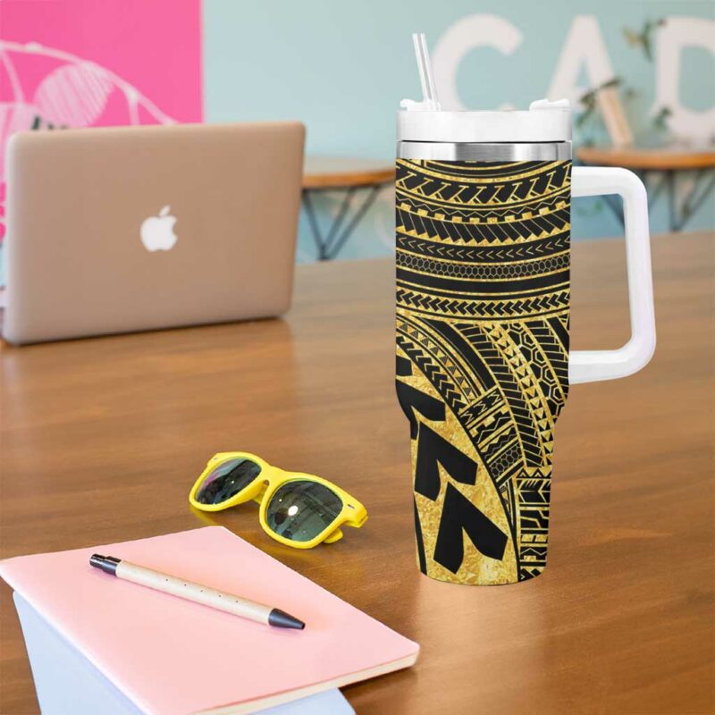 Hawaii And Philippines Kanaka Maoli With Tribal Sun Together Gold Custom Stanley Quencher 40oz Stainless Steel Tumbler With Handle - Threewoofs - Image 5