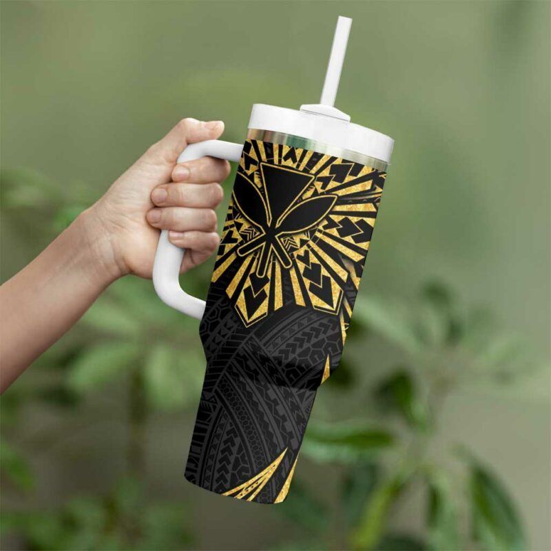 Hawaii And Philippines Kanaka Maoli With Tribal Sun Together Gold Custom Stanley Quencher 40oz Stainless Steel Tumbler With Handle - Threewoofs - Image 3