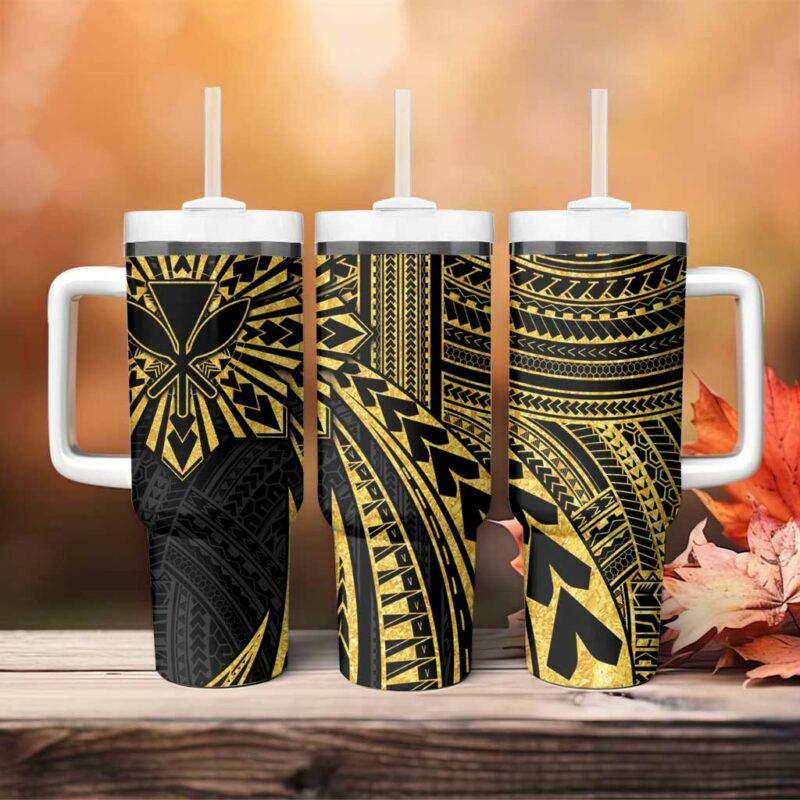 Hawaii And Philippines Kanaka Maoli With Tribal Sun Together Gold Custom Stanley Quencher 40oz Stainless Steel Tumbler With Handle - Threewoofs - Image 4