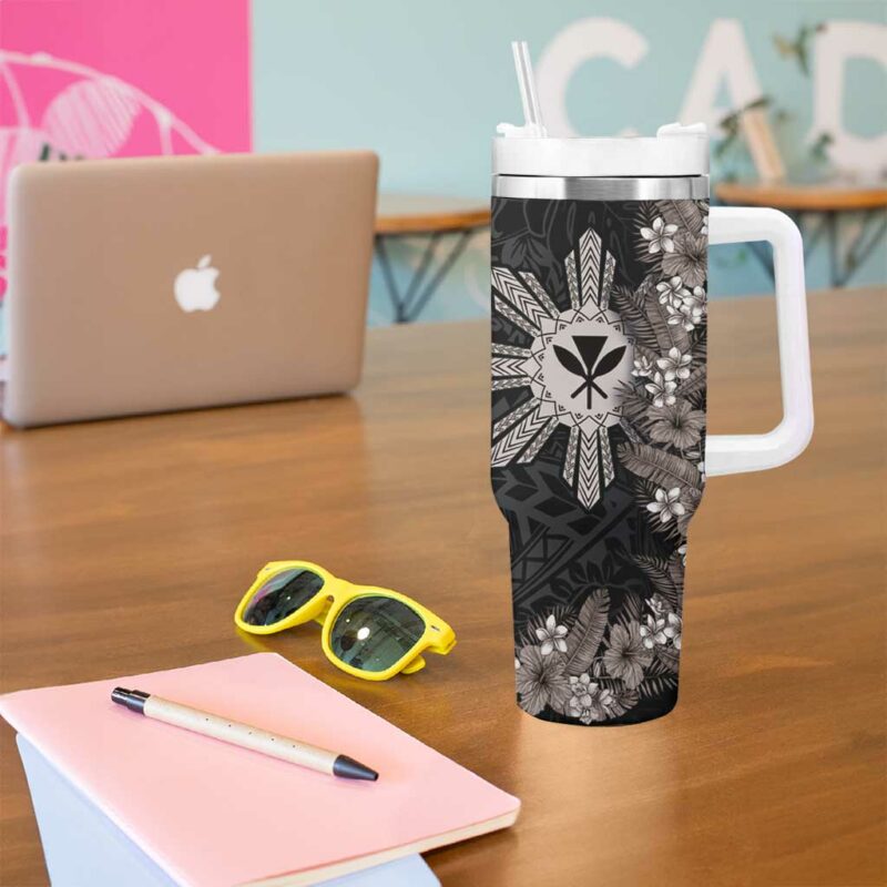 Hawaii and Philippines Together Hibiscus Flower and Sun Badge Polynesian Grayscale Custom Stanley Quencher 40oz Stainless Steel Tumbler With Handle - Threewoofs - Image 5