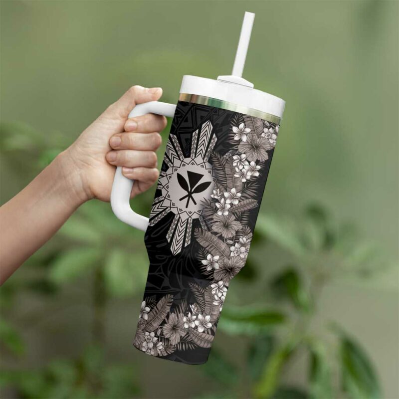 Hawaii and Philippines Together Hibiscus Flower and Sun Badge Polynesian Grayscale Custom Stanley Quencher 40oz Stainless Steel Tumbler With Handle - Threewoofs - Image 3