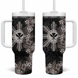Hawaii and Philippines Together Hibiscus Flower and Sun Badge Polynesian Grayscale Custom Stanley Quencher 40oz Stainless Steel Tumbler With Handle - Threewoofs