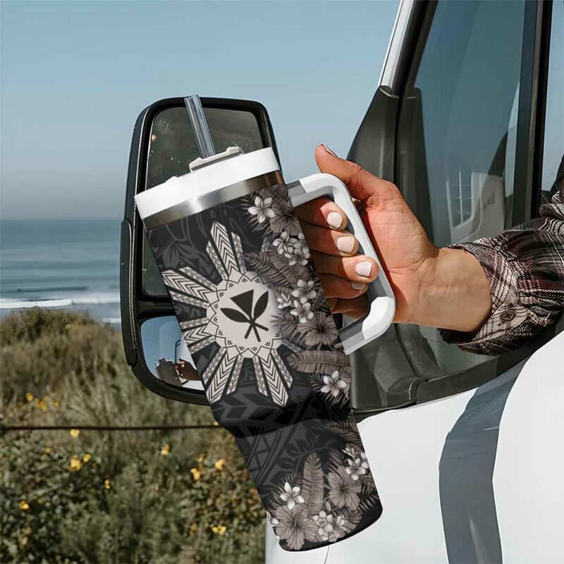 Hawaii and Philippines Together Hibiscus Flower and Sun Badge Polynesian Grayscale Custom Stanley Quencher 40oz Stainless Steel Tumbler With Handle - Threewoofs - Image 7
