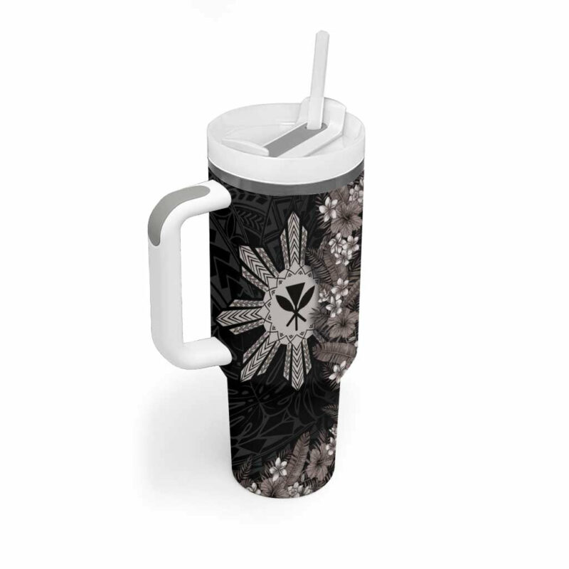 Hawaii and Philippines Together Hibiscus Flower and Sun Badge Polynesian Grayscale Custom Stanley Quencher 40oz Stainless Steel Tumbler With Handle - Threewoofs - Image 2