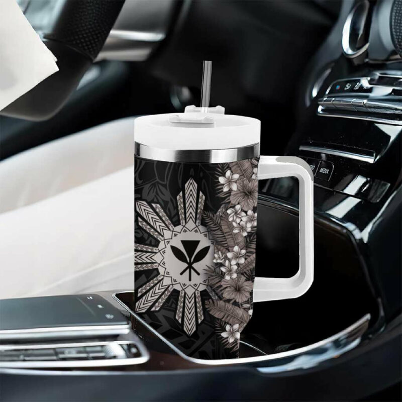 Hawaii and Philippines Together Hibiscus Flower and Sun Badge Polynesian Grayscale Custom Stanley Quencher 40oz Stainless Steel Tumbler With Handle - Threewoofs - Image 8