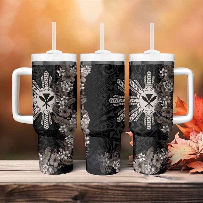 Hawaii and Philippines Together Hibiscus Flower and Sun Badge Polynesian Grayscale Custom Stanley Quencher 40oz Stainless Steel Tumbler With Handle - Threewoofs - Image 4