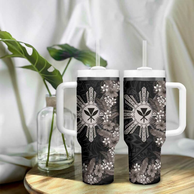 Hawaii and Philippines Together Hibiscus Flower and Sun Badge Polynesian Grayscale Custom Stanley Quencher 40oz Stainless Steel Tumbler With Handle - Threewoofs - Image 9