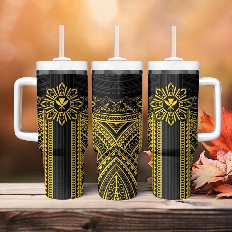 Hawaii And Philippines Together Polynesian With Filipino Barong Gold Custom Stanley Quencher 40oz Stainless Steel Tumbler With Handle - Threewoofs - Image 4