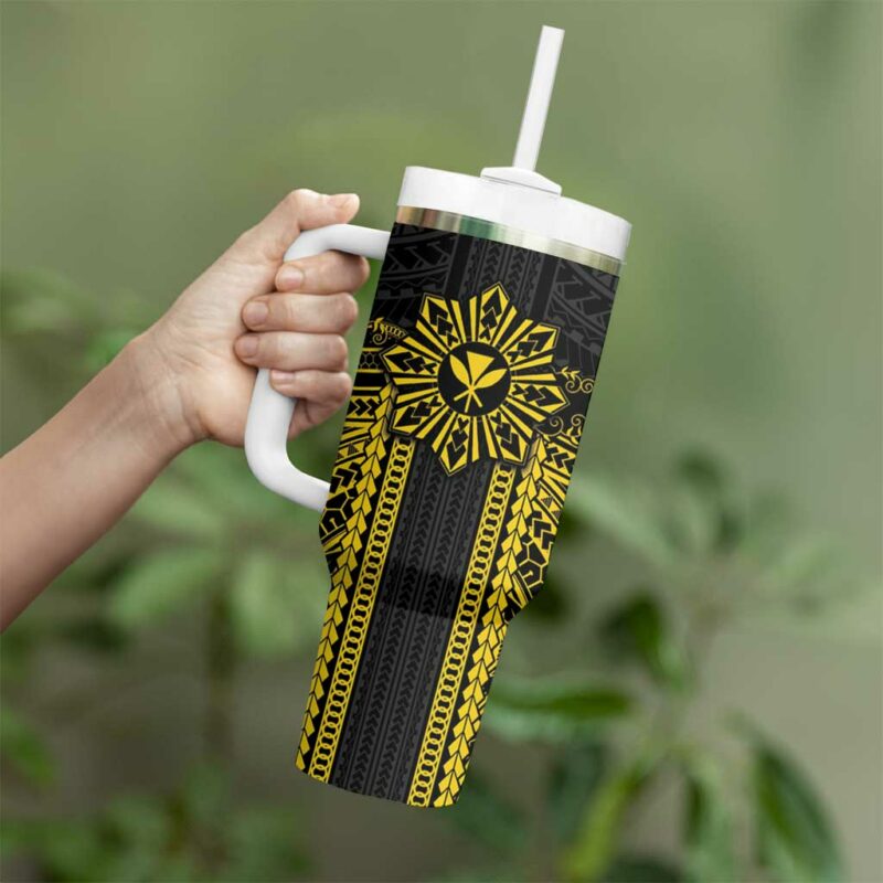 Hawaii And Philippines Together Polynesian With Filipino Barong Gold Custom Stanley Quencher 40oz Stainless Steel Tumbler With Handle - Threewoofs - Image 3