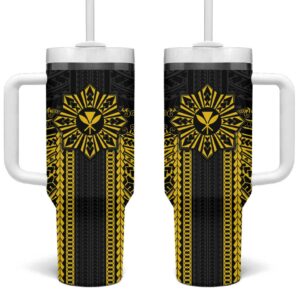 Hawaii And Philippines Together Polynesian With Filipino Barong Gold Custom Stanley Quencher 40oz Stainless Steel Tumbler With Handle - Threewoofs