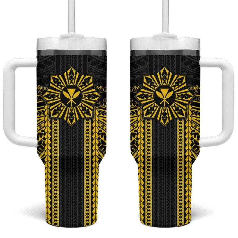 Hawaii And Philippines Together Polynesian With Filipino Barong Gold Custom Stanley Quencher 40oz Stainless Steel Tumbler With Handle - Threewoofs