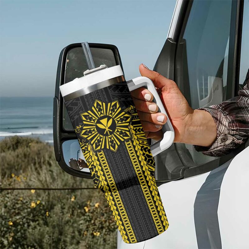 Hawaii And Philippines Together Polynesian With Filipino Barong Gold Custom Stanley Quencher 40oz Stainless Steel Tumbler With Handle - Threewoofs - Image 7