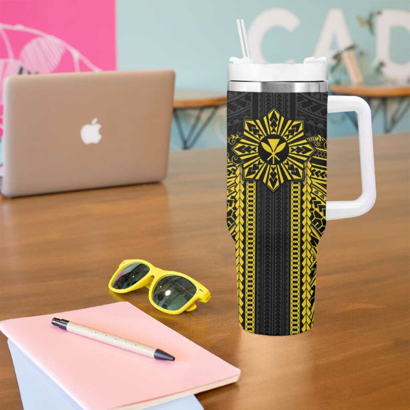 Hawaii And Philippines Together Polynesian With Filipino Barong Gold Custom Stanley Quencher 40oz Stainless Steel Tumbler With Handle - Threewoofs - Image 5